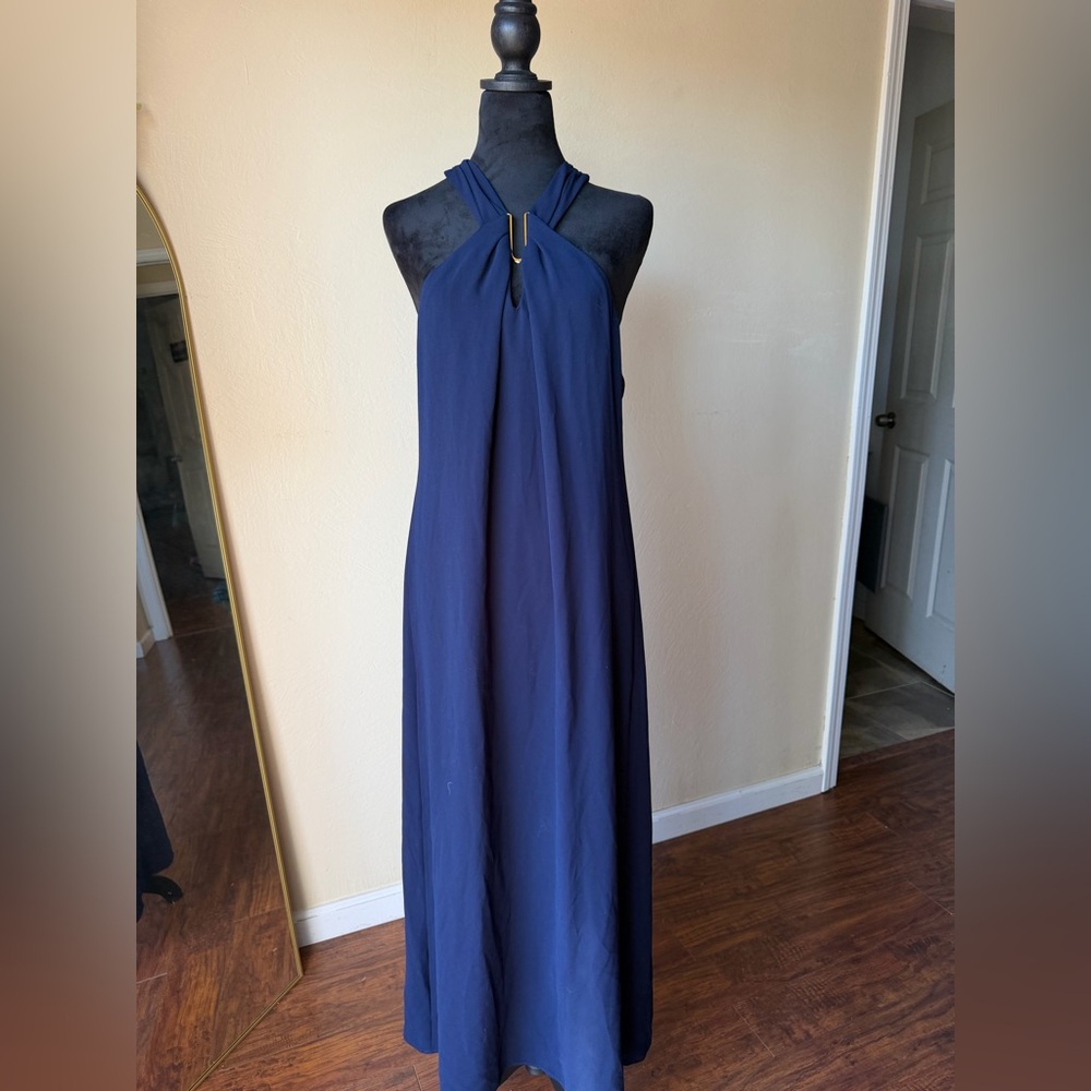 Navy blue twist neck dress gold embellishment Trina Turk size 8 see description